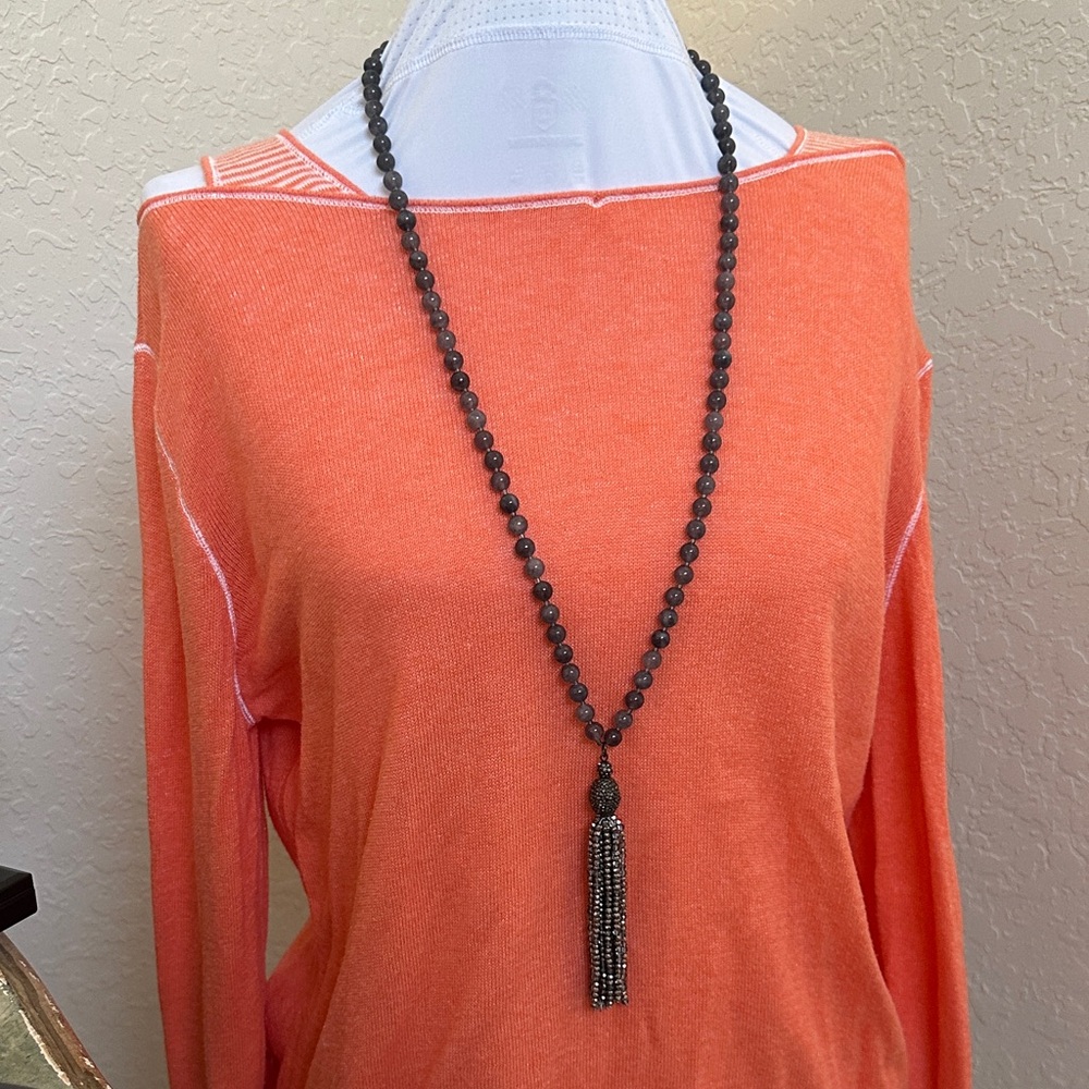 Jade Long Black Beaded Necklace With Tassel